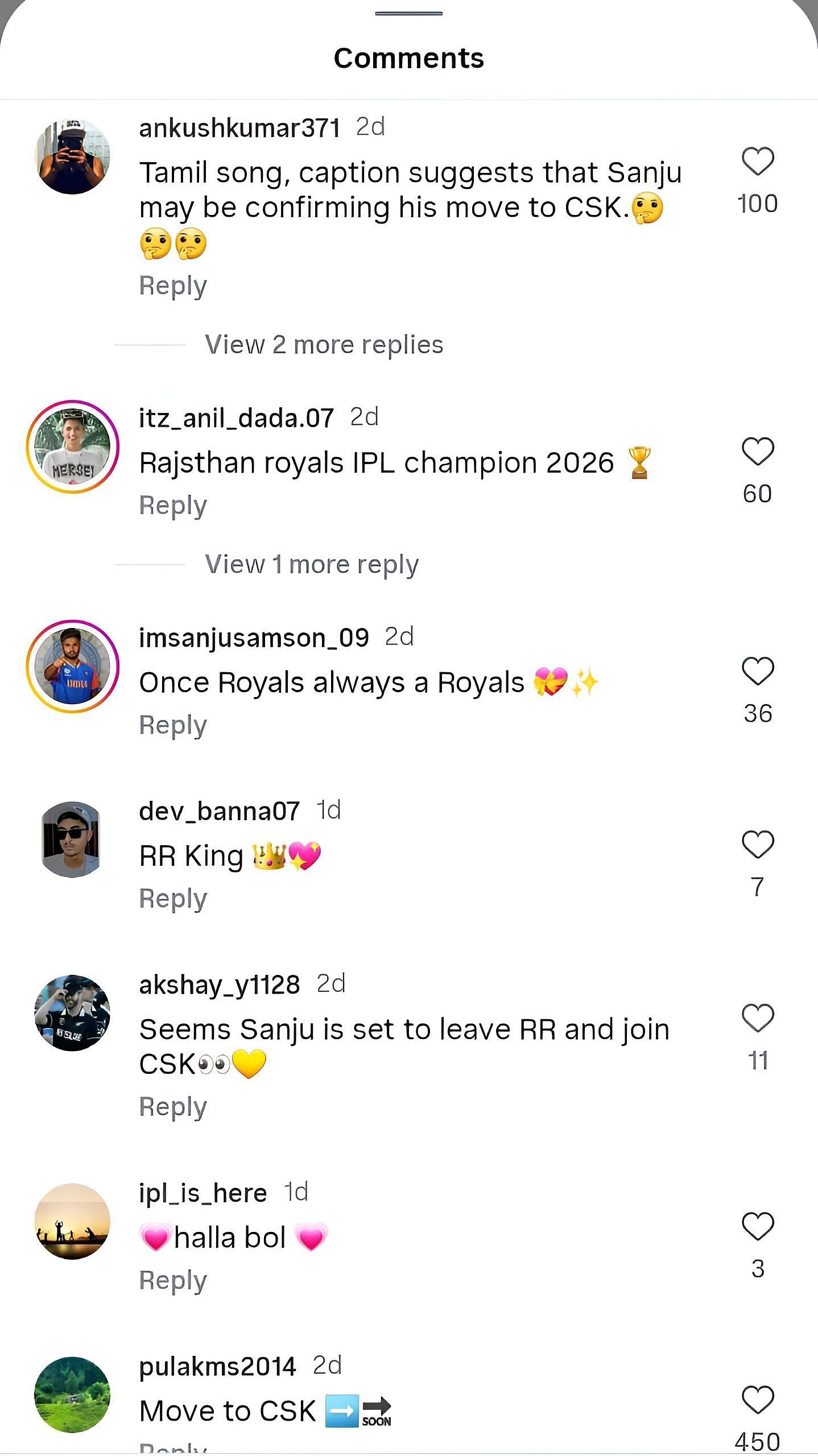 Screenshot of comments on Sanju Samson's Instagram post - Source: Sanju Samson/IG